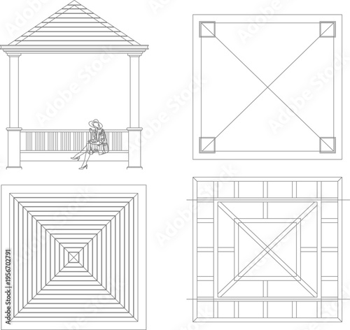 Technical architectural drawings set showing square gazebo or pavilion with elevation, roof plan, ceiling view and structural floor plan details.