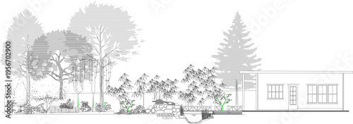 Technical landscape elevation drawing showing modern house with trees, shrubs, vegetation layers and human figure for site planning and garden design.
