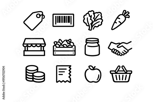 Collection of grocery store and local market commerce icons featuring fresh produce shopping basket and payment symbols on white background