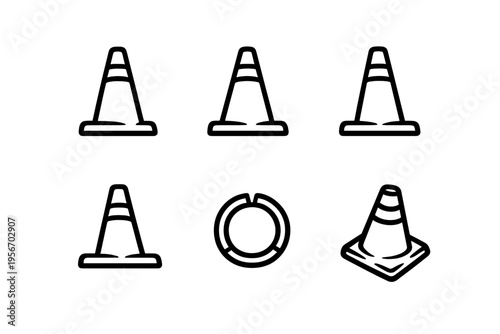 Set of minimalist traffic cone icons for road safety and construction site warning signs on white background