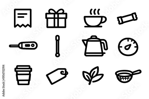 Minimalist black and white line icon set featuring coffee cup kettle gift box thermometer and kitchen tools on white background
