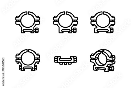 Black and white line icons of rifle scope rings and mounting hardware for optical sights shown from different angles