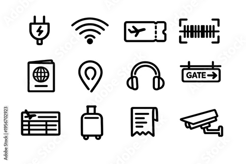 Set of airport and travel icons including passport luggage ticket gate sign security camera and wifi symbols on white background