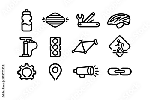 Collection of bicycle equipment and cycling safety icons featuring helmet pump tools and road signs for outdoor sports activities