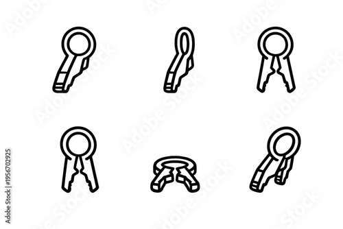 Set of isometric line icons representing metal keys for locks and security systems from various perspective angles on white background