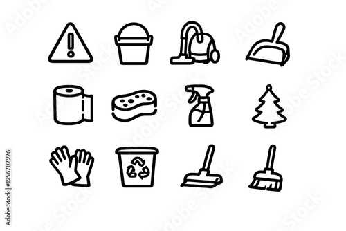 Set of cleaning and household maintenance icons including vacuum cleaner bucket broom and recycling bin on white background