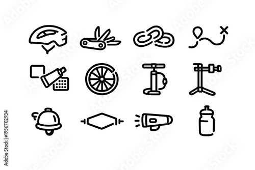 Bicycle maintenance and cycling equipment icons featuring helmet pump multi-tool chain links wheel and water bottle for outdoor sports