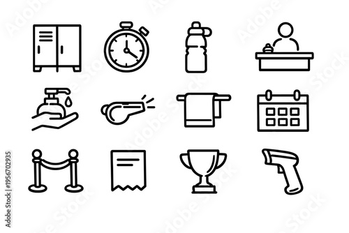 Collection of sports facility and fitness center line icons featuring locker stopwatch water bottle hand sanitizer whistle towel and trophy