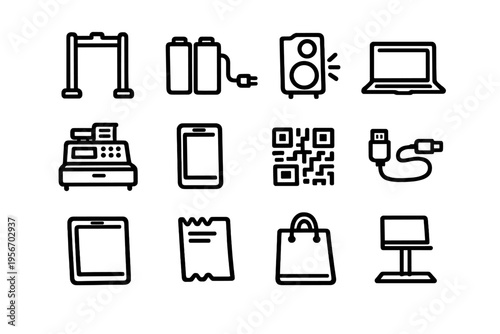Collection of retail and technology line icons including cash register smartphone laptop and shopping bag on white background