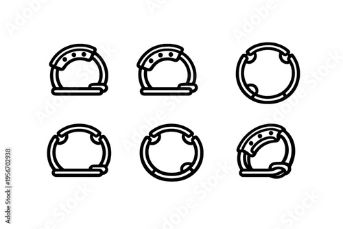 Set of minimalist tambourine line icons for musical instrument design and percussion rhythm symbols on white background