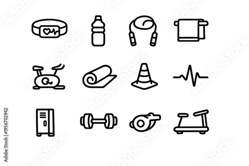 Fitness and gym equipment line icon set featuring dumbbell treadmill exercise bike yoga mat and water bottle for workout design