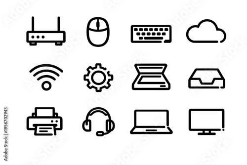 Minimalist computer hardware and networking icons featuring router mouse keyboard cloud wifi gear printer headset laptop and monitor