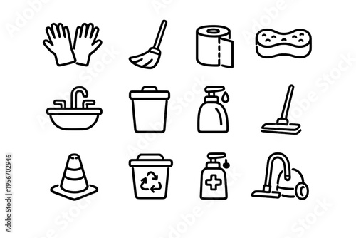 Set of cleaning and sanitation icons including broom mop vacuum cleaner trash can soap dispenser and rubber gloves for hygiene maintenance