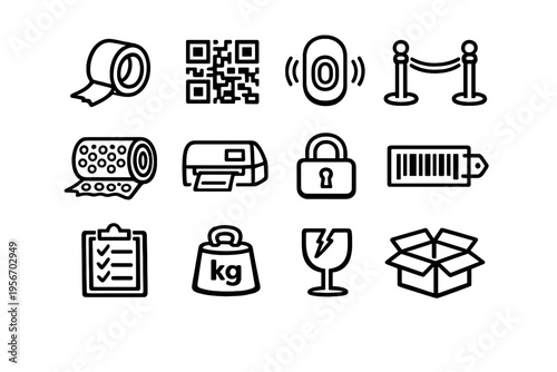 Logistics and shipping icons set including cardboard box barcode scanner bubble wrap tape roll and fragile sign for warehouse management