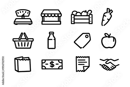 Set of grocery store and local market commerce icons including shopping basket food items and payment symbols on white background
