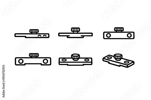 Set of minimalist line icons showing a camera quick release plate from various angles for photography equipment mounting systems