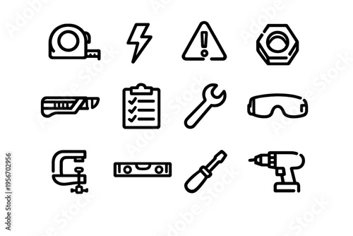 Collection of construction and home improvement tool icons including drill wrench screwdriver and safety equipment on white background