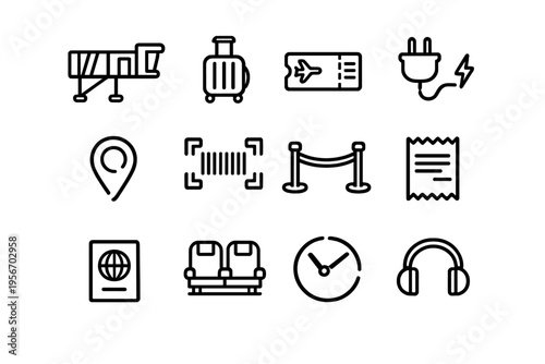 Collection of minimalist travel and airport icons featuring suitcase passport boarding pass airplane seats and navigation symbols