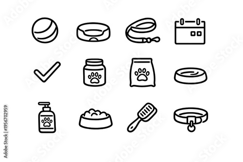 Set of pet care icons including food bowl leash collar brush and pet bed for domestic animal grooming and health maintenance