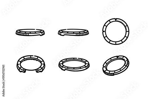 Set of circular trampoline icons from different angles for fitness and outdoor recreation equipment design elements on white background