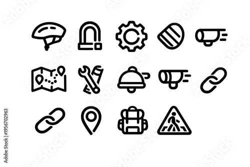 Cycling and outdoor activity icons including helmet lock gear map tools bell light chain link location pin backpack and pedestrian sign