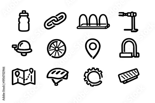 Set of bicycle accessories and cycling equipment icons including helmet lock water bottle and repair tools on white background