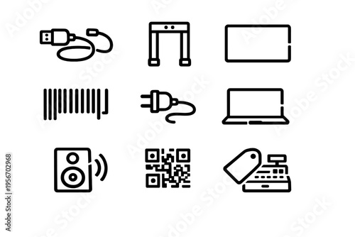 Set of electronic devices and retail technology icons including laptop computer barcode and cash register on white background