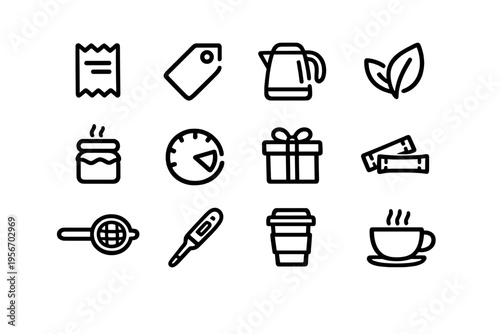 Set of minimalist tea and coffee shop line icons including kettle cup leaves honey jar sugar packets and thermometer on white background