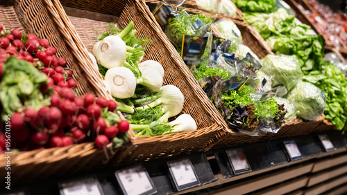Fresh vegetables display minimal supermarket background healthy food clean eating concept