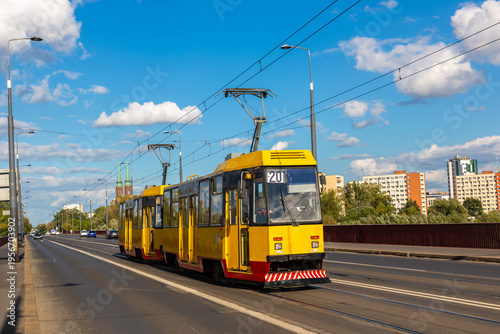 Modern tram in Warsaw in a sunny day, Warsaw