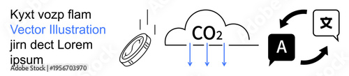 Environmental awareness, translation tools, communication systems, sustainability concepts, pollution prevention, language exchange. CO2 emissions, translation exchange icons. Environmental awareness