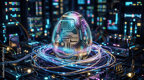 Futuristic metallic Easter egg with digital circuit pattern and neon lights on server motherboard. Advanced technology, artificial intelligence concept for modern holiday celebration.