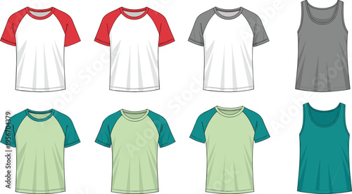 Collection of raglan t-shirt and tank top flat sketches in various colors including red grey and teal isolated on white background for fashion design