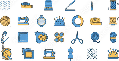 Collection of sewing and tailoring icons featuring sewing machines scissors buttons thread yarn and measuring tapes in blue and yellow flat vector style