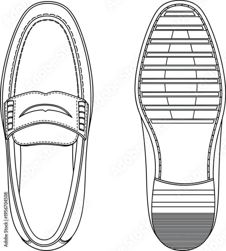 Hand drawn black and white line art illustration of a classic penny loafer shoe featuring top view and sole view isolated on white background