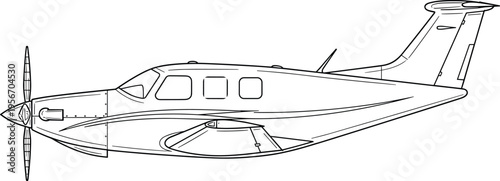 Hand drawn black and white line art illustration of a small propeller plane or private aircraft side view isolated on white background for aviation