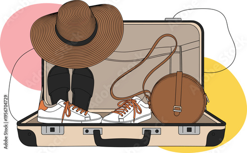 Open travel suitcase packed with summer vacation essentials including straw hat white sneakers black sandals and round brown leather bag for holiday trip journey illustration
