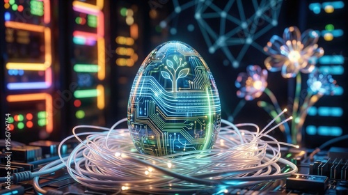 Glowing cyber Easter egg with circuit board patterns resting in a fiber optic cable nest. Futuristic holiday concept in a server room. Data protection and digital transformation theme.