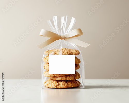 Homemade crumble cookies packaged in a transparent bag with blank label