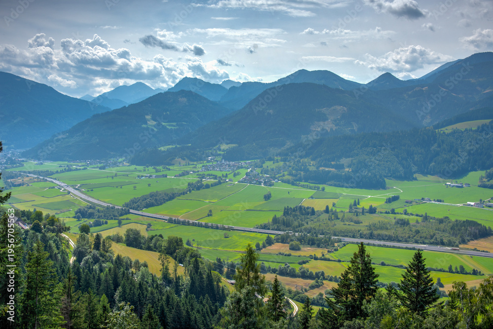 Fototapeta premium Panorama view of rural landscape of Styria in Austria