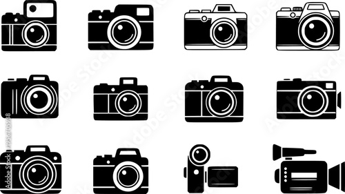 Camera icon vector illustration, black and white photo symbol design, photography logo element, modern camera silhouette, flat graphic pictogram, minimalist style