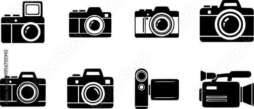 Camera icon vector illustration, black and white photo symbol design, photography logo element, modern camera silhouette, flat graphic pictogram, minimalist style