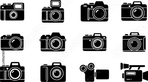 Camera icon vector illustration, black and white photo symbol design, photography logo element, modern camera silhouette, flat graphic pictogram, minimalist style