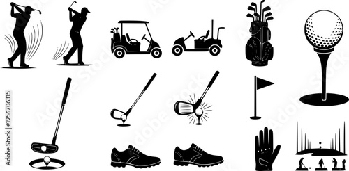 Golf silhouettes vector set, golfer swing illustration, golf cart and clubs icons, sports equipment collection, driving range and putting green design
