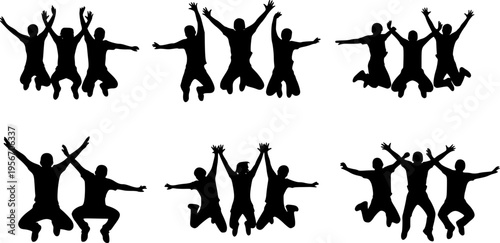 Diverse group of people in silhouette jumping and standing with arms outstretched vector illustration
