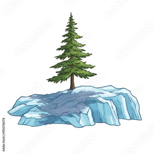 Solitary Pine Tree on Snowy Hilltop in Winter Landscape Art Style