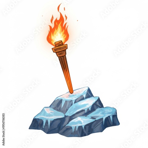 Burning Torch Placed on Ice Clump with Vibrant Flames and Pixel Art Texture