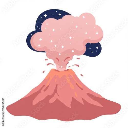 Cartoon Volcano Eruption with Pink Lava Flowing Under Starry Night Background