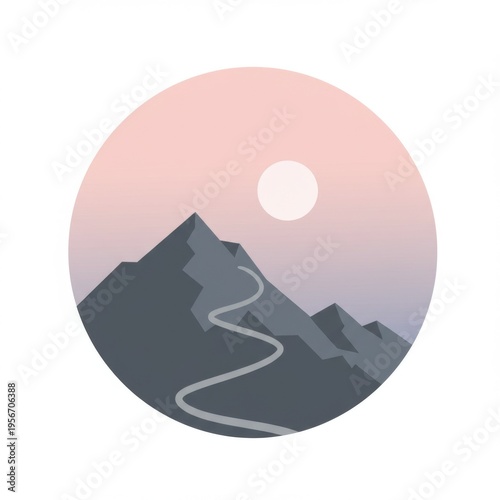 Serene Mountain Landscape with Winding Trail Under Pastel Sky in a Circular Frame