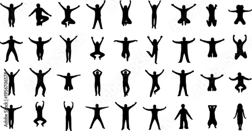 Diverse group of people in silhouette jumping and standing with arms outstretched vector illustration
